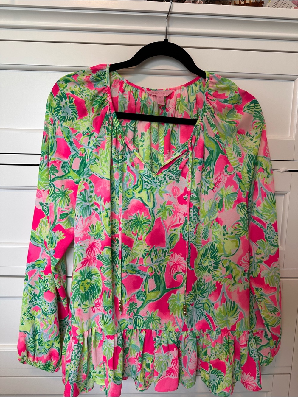 Lilly Pulitzer Pink and Green Ruffle Blouse in monkey print